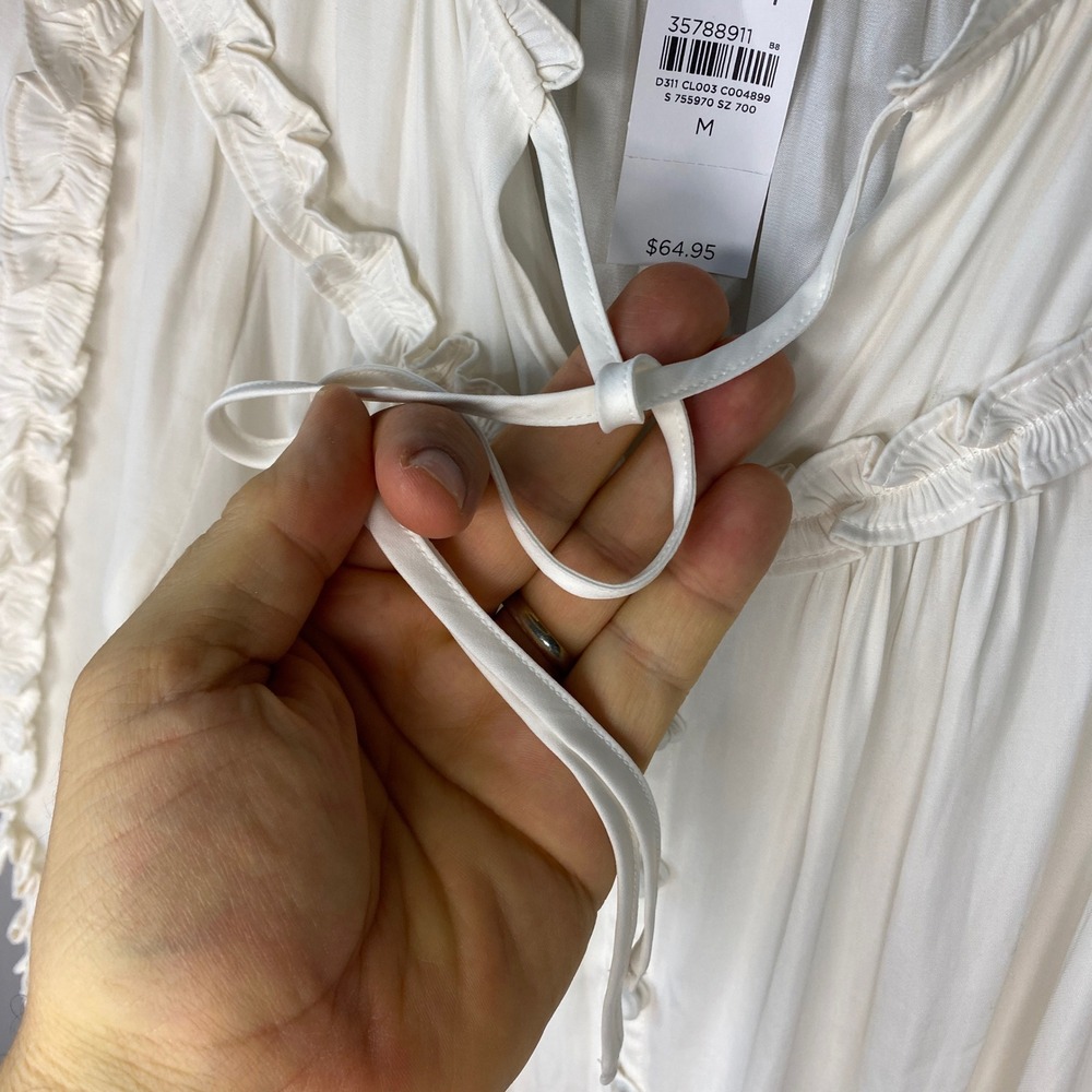 LOFT Cream Ruffle Yoke Tie Neck Button Front Blouse NWT Medium - Picture 6 of 12